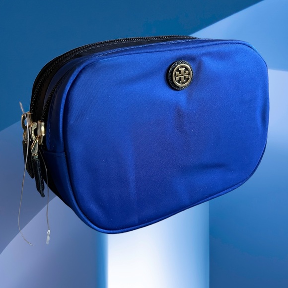 TORY BURCH NEW NYLON MAKEUP COSMETIC BAG CASE 2 sided BLUE ZIP Mother Day gift - Picture 2 of 9